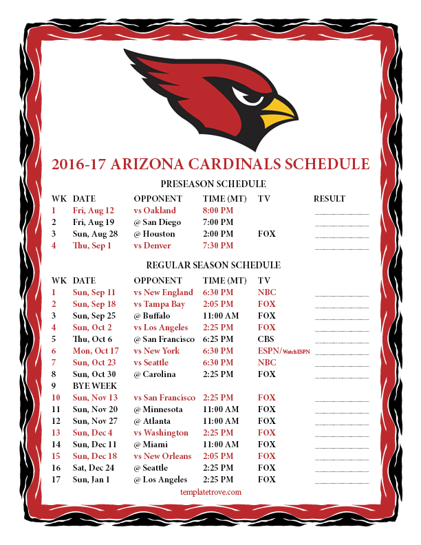 Printable 20162017 Arizona Cardinals Schedule