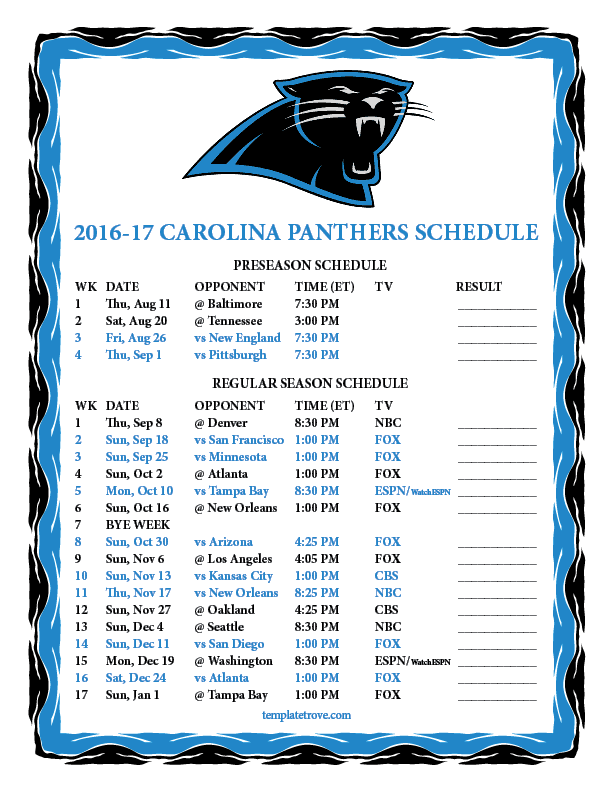 Printable 20162017 Carolina Panthers Schedule