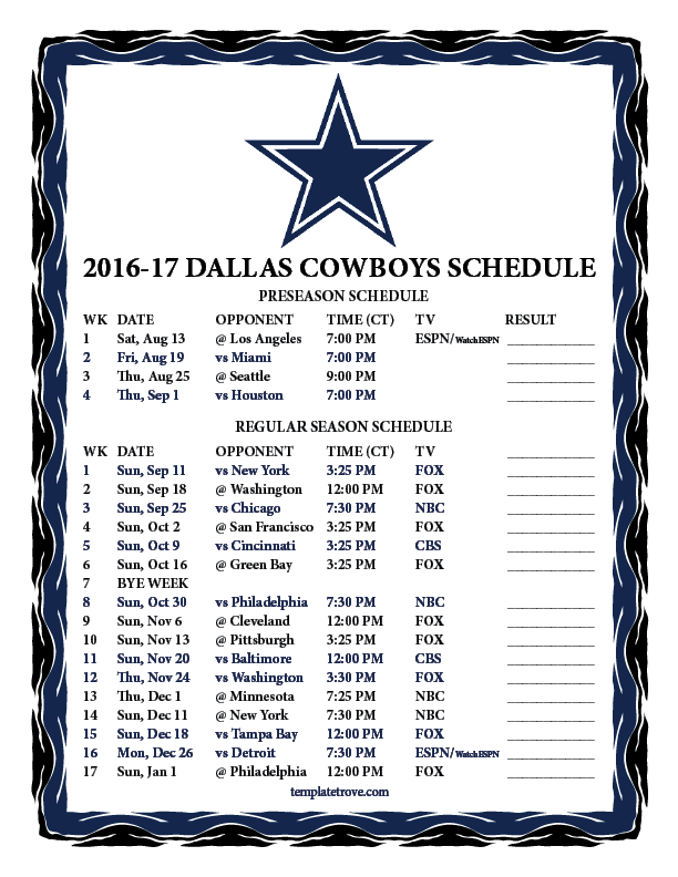 Printable 20162017 Dallas Cowboys Schedule