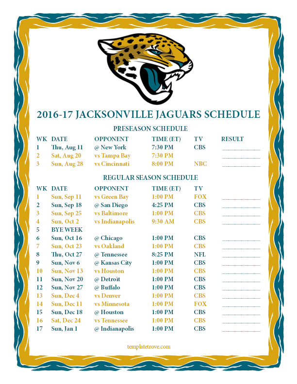 Printable 2016-2017 Jacksonville Jaguars Schedule