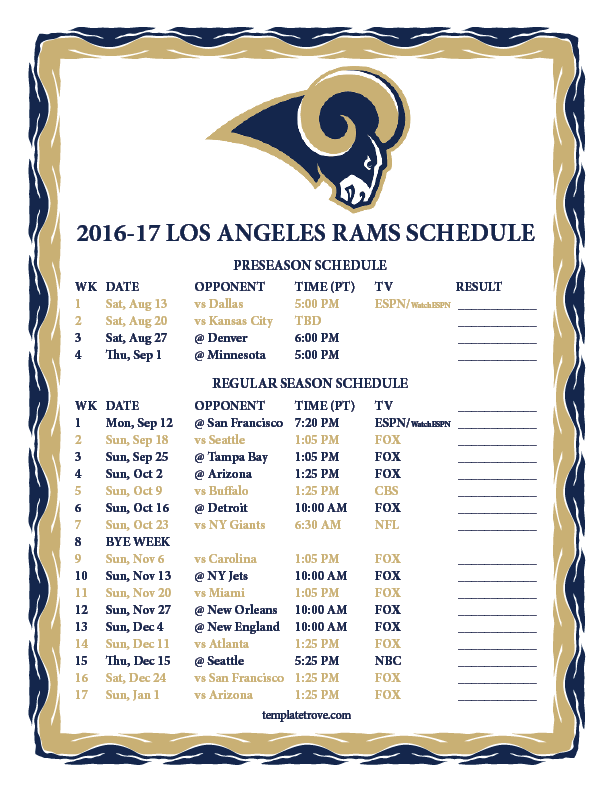 Printable 2016 2017 Los Angeles Rams Schedule