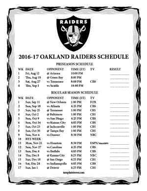 Oakland Raiders 2016-17 Printable Schedule