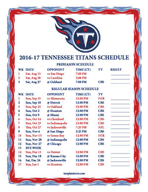 Tennessee Titans 2016-17 Printable Schedule