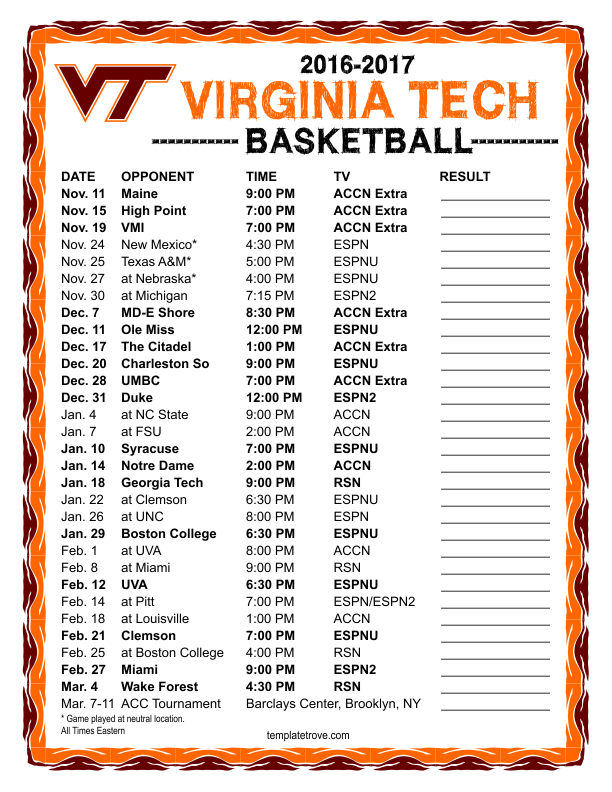 Printable 20162017 Virginia Tech Hokies Basketball Schedule