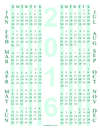 Green Printable Yearly Calendar