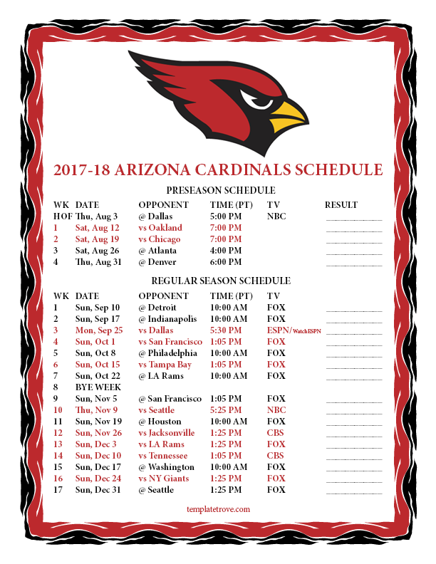 Printable 2017-2018 Arizona Cardinals Schedule