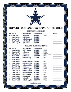 Dallas Cowboys 2017-18 Printable Schedule - Mountain Times