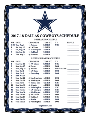 Dallas Cowboys 2017-18 Printable Schedule