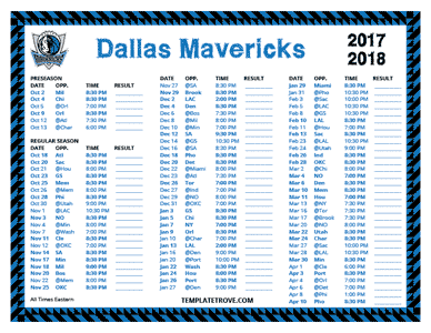 Dallas Mavericks 2017-18 Printable Schedule