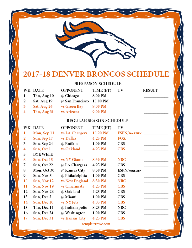 Printable 2017 2018 Denver Broncos Schedule Printable 2017 2018 Denver Broncos Schedule