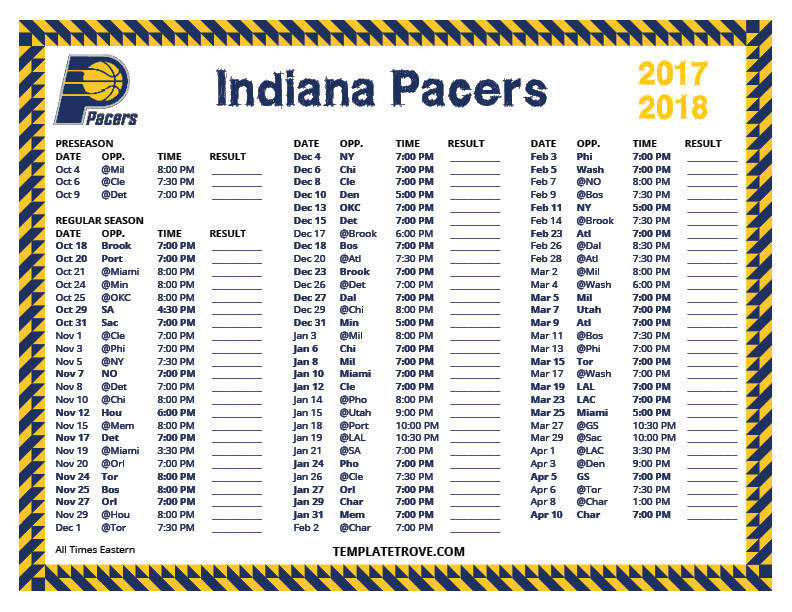 Printable 20172018 Indiana Pacers Schedule