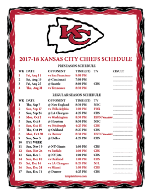 Kansas City Chiefs 2017-18 Printable Schedule