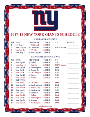 New York Giants 2017-18 Printable Schedule