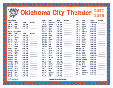 Oklahoma City Thunder 2017-18 Printable Schedule - Pacific Times
