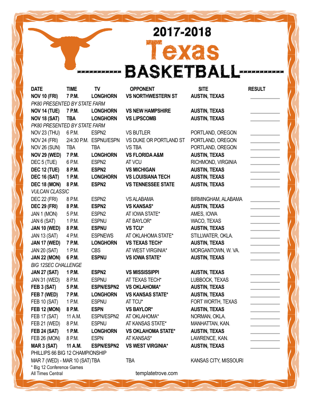 Texas Longhorns Printable Football Schedule
