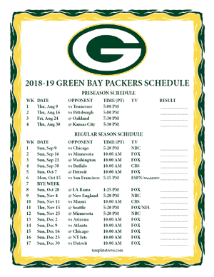 Green Bay Packers 2018-19 Printable Schedule - Pacific Times