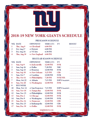 New York Giants 2018-19 Printable Schedule - Central Times