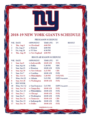 New York Giants 2018-19 Printable Schedule - Pacific Times