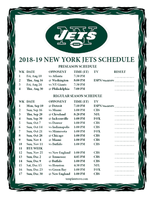New York Jets 2018-19 Printable Schedule