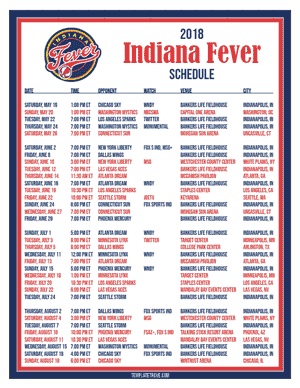 Indiana Fever 2018 Printable Basketball Schedule