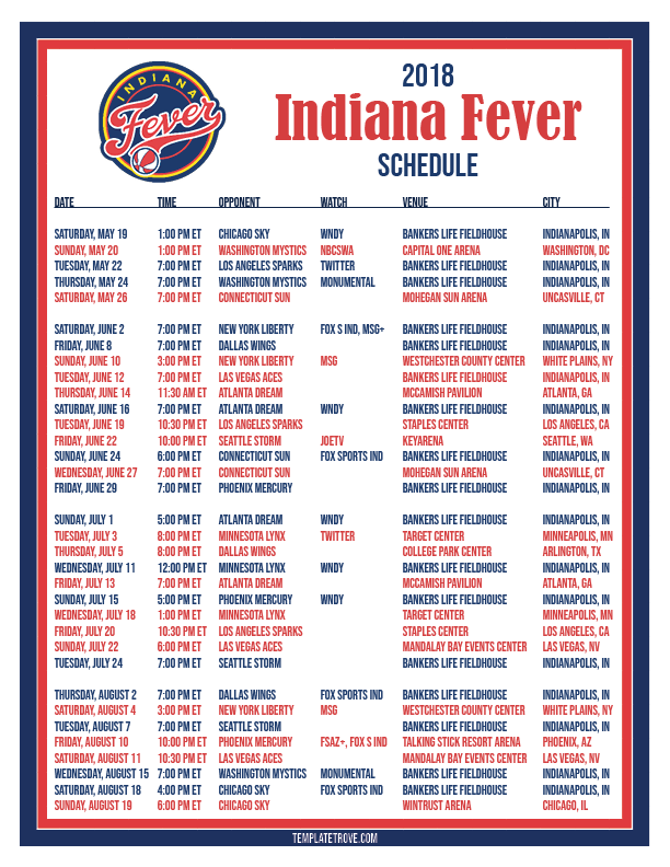 Printable2018 Indiana Fever Basketball Schedule