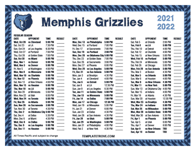 Memphis Grizzlies 2021-22 Printable Schedule - Pacific Times