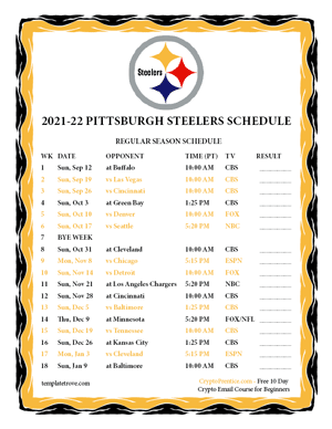 Pittsburgh Steelers 2021-22 Printable Schedule - Pacific Times