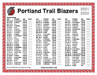 Portland Trail Blazers 2021-22 Printable Schedule - Mountain Times
