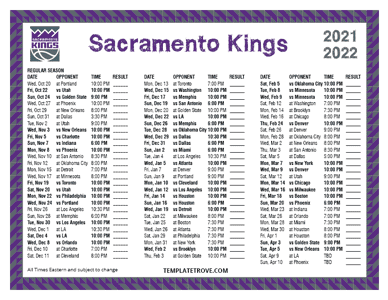 Sacramento Kings 2021-22 Printable Schedule