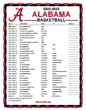 Alabama Crimson Tide Basketball 2022-23 Printable Schedule - Mountain Times