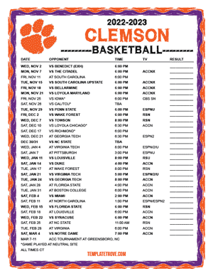 Clemson Tigers Basketball 2022-23 Printable Schedule - Central Times