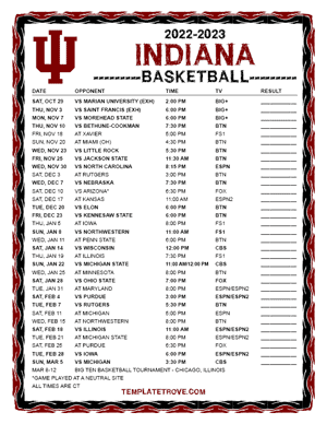 Indiana Hoosiers Basketball 2022-23 Printable Schedule - Central Times