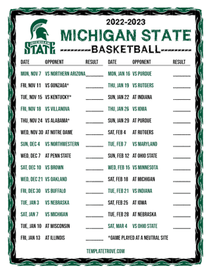 2022-23 Printable Michigan State Spartans Basketball Schedule