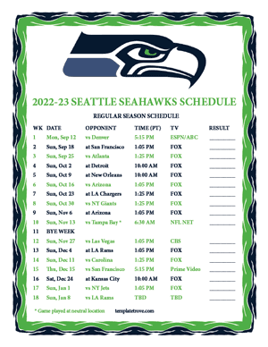 Seattle Seahawks 2022-23 Printable Schedule - Pacific Times