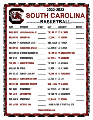 2022-23 Printable South Carolina Gamecocks Basketball Schedule