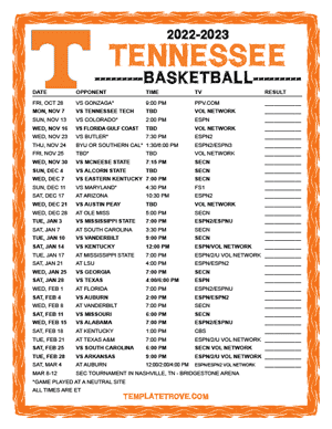 Tennessee Volunteers Basketball 2022-23 Printable Schedule