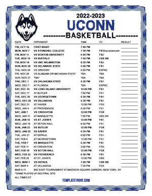 UConn Huskies Basketball 2022-23 Printable Schedule