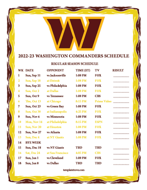 Washington Commanders 2022-23 Printable Schedule