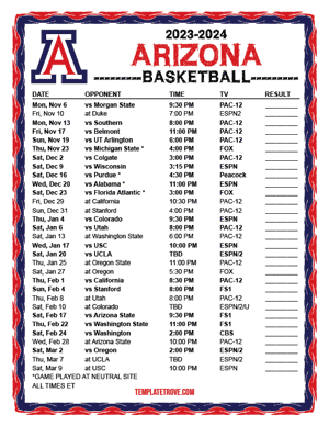 2023-24 Printable Arizona Wildcats Basketball Schedule