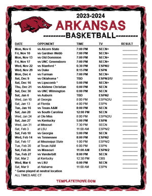 Arkansas Razorbacks Basketball 2023-24 Printable Schedule - Central Times