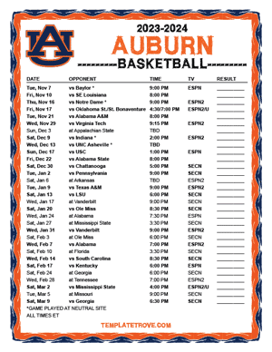 2023-24 Printable Auburn Tigers Basketball Schedule