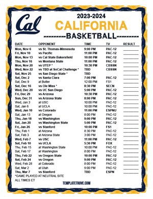 2023-24 Printable California Golden Bears Basketball Schedule