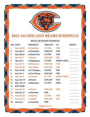 Chicago Bears 2023-24 Printable Schedule - Pacific Times