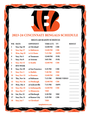 Cincinnati Bengals 2023-24 Printable Schedule - Central Times