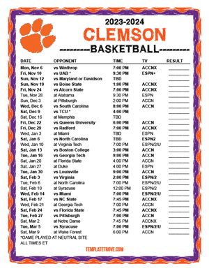 2023-24 Printable Clemson Tigers Basketball Schedule