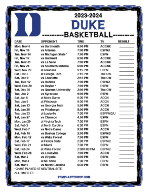 2023-24 Printable Duke Blue Devils Basketball Schedule
