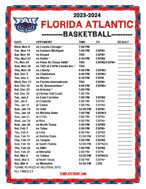 2023-24 Printable Florida Atlantic Basketball Schedule