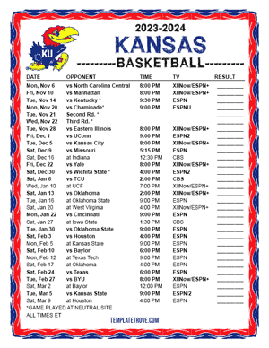 Kansas Jayhawks Basketball 2023-24 Printable Schedule
