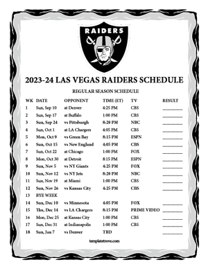 Las Vegas Raiders 2023-24 Printable Schedule