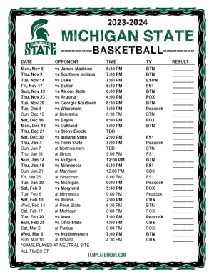2023-24 Printable Michigan State Spartans Basketball Schedule